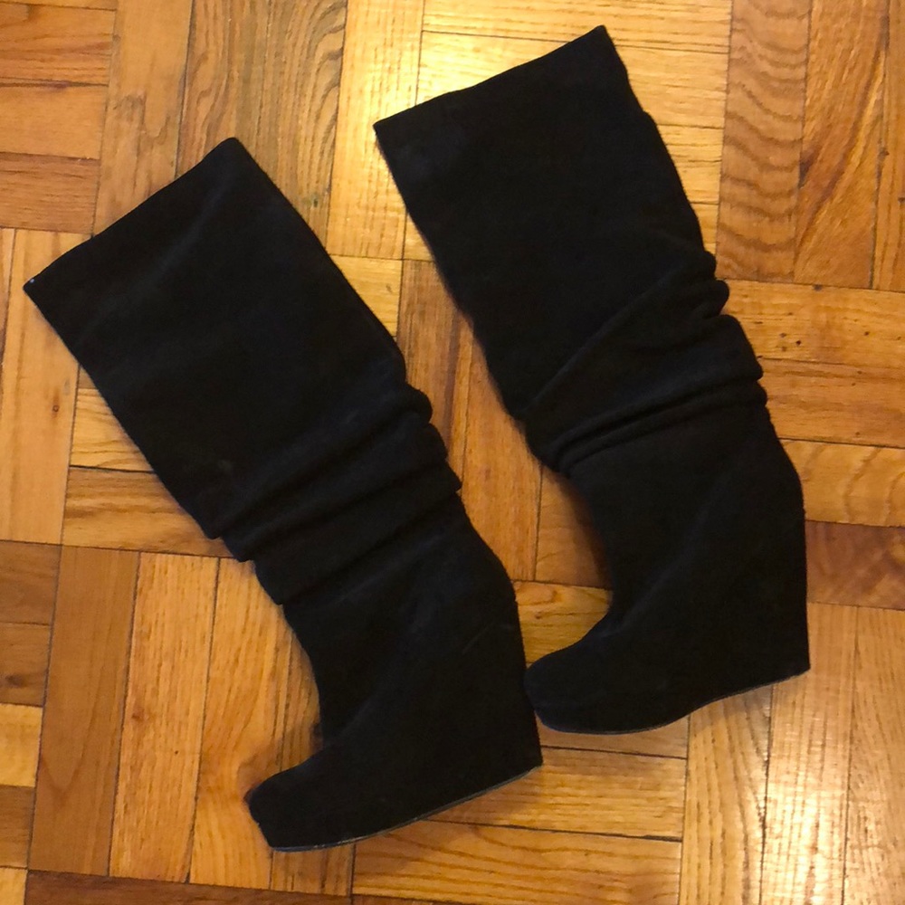 Rouched, suede knee high wedge boots